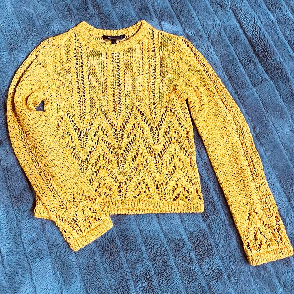 BCBGMaxAzria Mustard Yellow Semi-Crop Open Knit Sweater